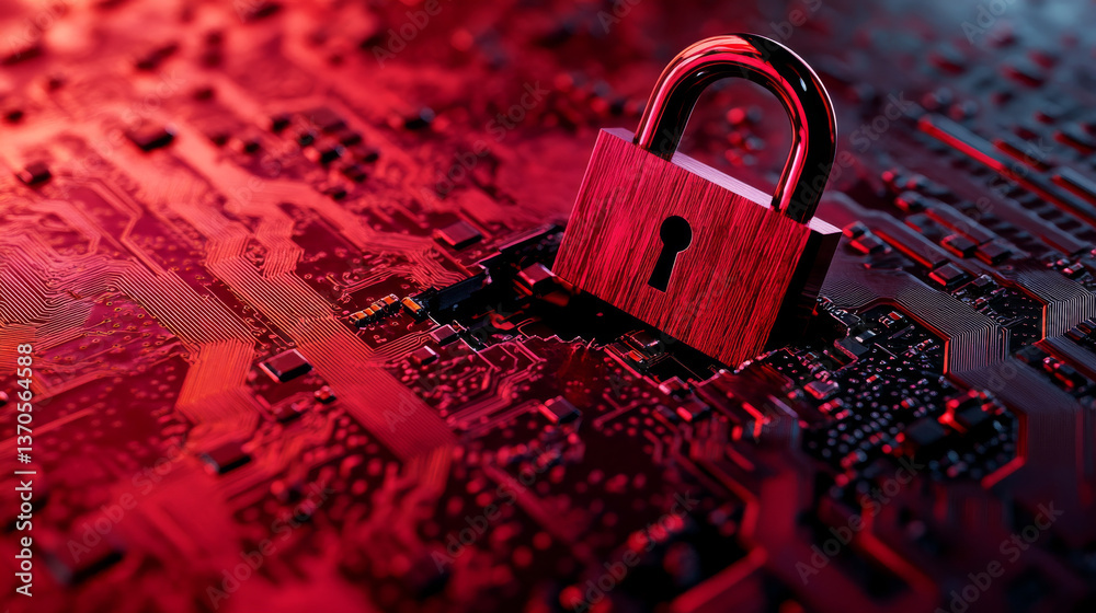 Poster concept of destroyed cyber security.padlock red open on electric circuits network dark red backgroun