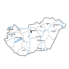 Hungary map with regions, waterways and namings