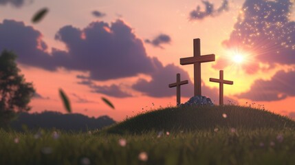 Three Wooden Crosses Silhouette at Sunset on a Hilltop Peaceful Religious Scene