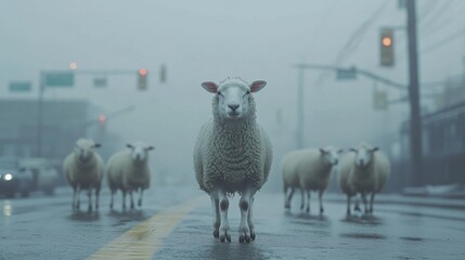 Sheep crossing road in fog urban environment nature scene