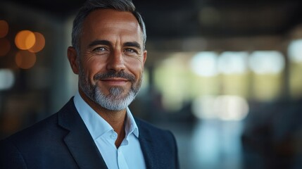 Fototapeta premium Professional man smiling in modern office portrait warm environment