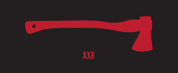 Red silhouette of axe on black background. Banner template for printing, print, game icons of shooters and action games, military style, cold arms.