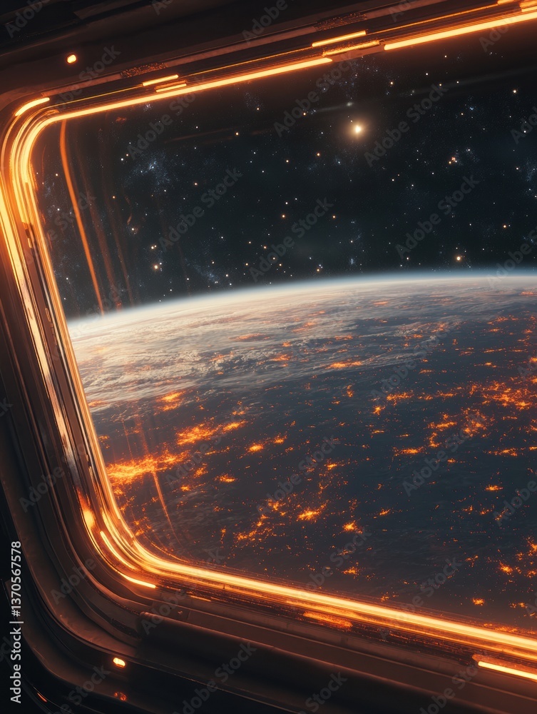 Aufkleber stunning view of a vibrant exoplanet from a futuristic space shuttle overlooking glowing atmosphere 