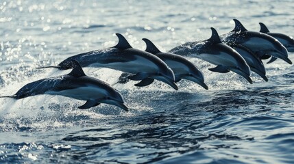 Fototapeta premium Synchronized splash: Pod of dolphins playfully leaping out of the ocean's surface