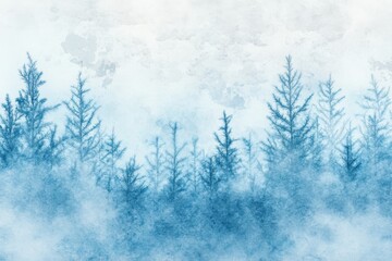 Misty Blue Winter Forest Watercolor Landscape.