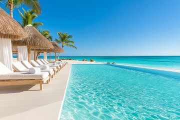 Luxury Tropical Resort with Infinity Pool, White Sand Beach, Cabanas with Flowing Curtains, Palm Trees, and Crystal-Clear Waters, Stylish Deck Lounge Seating