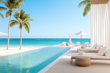Obraz premium Luxury Tropical Resort with Infinity Pool, White Sand Beach, Cabanas with Flowing Curtains, Palm Trees, and Crystal-Clear Waters, Stylish Deck Lounge Seating