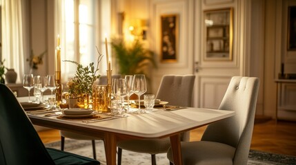 Elegant dining table set with candles and glassware ready for dinner