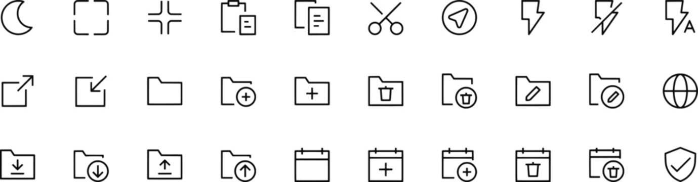 A black-and-white icon set representing various UI functions