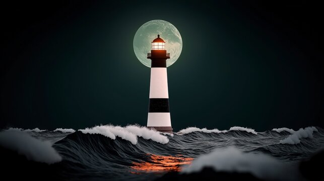 Majestic Lighthouse Standing Tall Against Stormy Ocean Waves Under a Full Moon's Glow