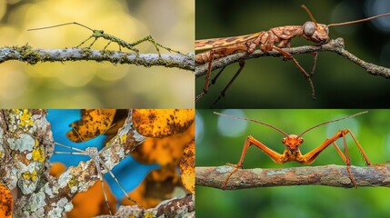 Four diverse stick insects on branches.