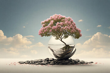 Natural art bonsai in clear glass, a blend of beauty and minimalist art