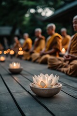 Buddhist monks celebrating Vesak Day with lotus flowers and candles in a serene setting, symbolizing enlightenment and peace, spiritual celebration concept