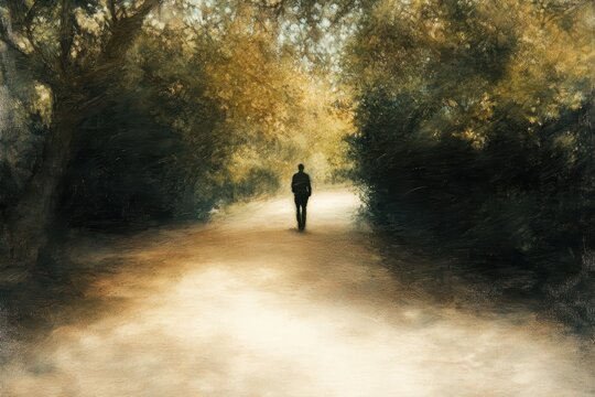 Solitary Walk Man on Path Through Sunlit Woods.