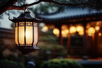 Vesak Day celebration with illuminated lanterns in a serene garden setting, symbolizing peace and enlightenment, showcasing cultural traditions and harmony concept