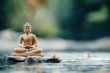 Buddha statue sitting peacefully on a rock in serene water surrounded by nature, symbolizing tranquility and reflection for Vesak day celebration concept