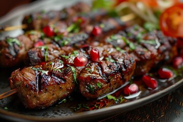 Chapli Kebab plated upscale with tomato slice, pomegranate reduction and yogurt swirl, clean fine