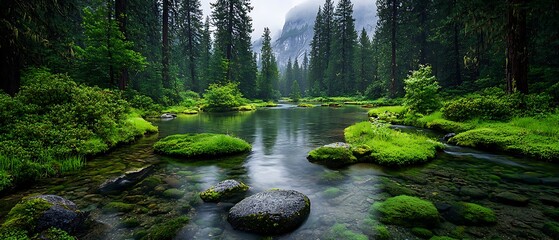 Obraz premium Calm forest river with mossy rocks.