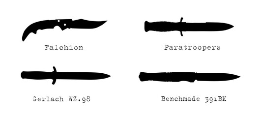 Set of vector black silhouettes of knives on a white background. Banner with icons for posters, backgrounds, computer games of the action and shooter genre.