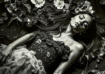 A woman laying on the ground surrounded by flowers