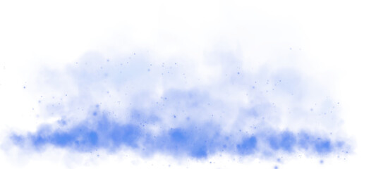 Magic blue smoke with glitter and small particles of twinkling stars. Fog with luminous particles. Blue vapor with stardust. Morning fog over land or water surface, magic haze. PNG.
