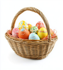 Woven basket filled with decorated Easter eggs, against a white background.