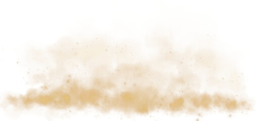 Magic golden smoke with glitter and small particles of twinkling stars. Fog with luminous particles. Yellow vapor with stardust. Morning fog over land or water surface, magic haze. PNG.