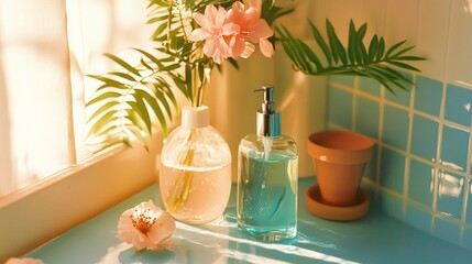 A delicate floral arrangement next to soap and a small pot