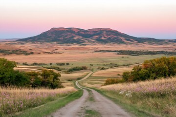 Dusty dirt road winding through a beautiful field surrounded by lush greenery and flowers