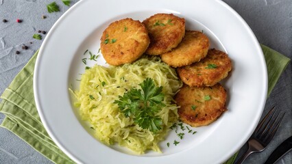 Fototapeta premium Overhead view of brambor ky served with sauerkraut and garnish on a plate