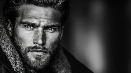 A handsome man with a full beard looking intensely forward