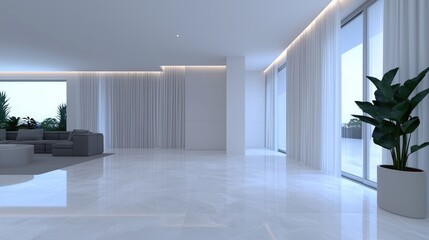 Fototapeta premium Modern, spacious living area with large windows and minimalist design