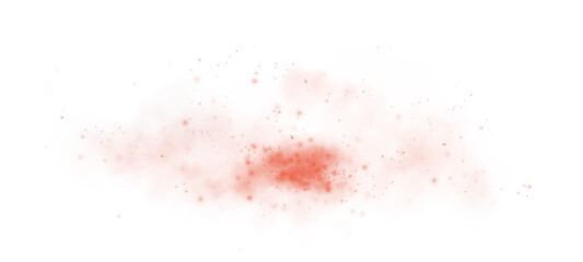 Magic red smoke with glitter and small particles of twinkling stars. Fog with luminous particles. Red vapor with stardust. Morning fog over land or water surface, magic haze. Fog or smoke. PNG.