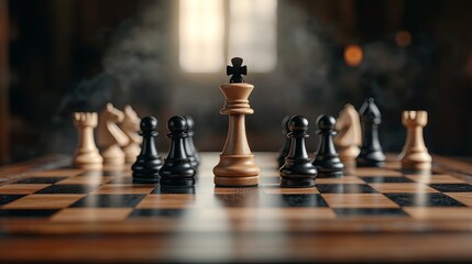 Digital chess game with hologram elements on a chessboard enigmatic environment dynamic perspective