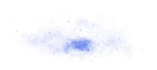 Magic blue smoke with glitter and small particles of twinkling stars. Fog with luminous particles. Blue vapor with stardust. Morning fog over land or water surface, magic haze. Fog or smoke. PNG.