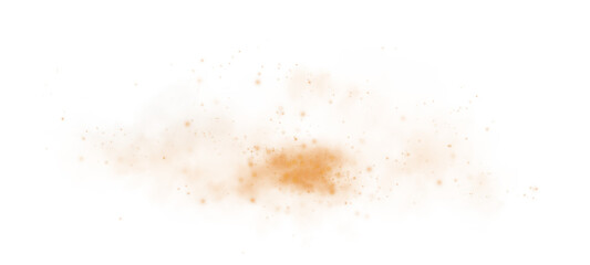Magic orange smoke with glitter and small particles of twinkling stars. Fog with luminous particles. Orange vapor with stardust. Morning fog over land or water surface, magic haze. Fog or smoke. PNG.