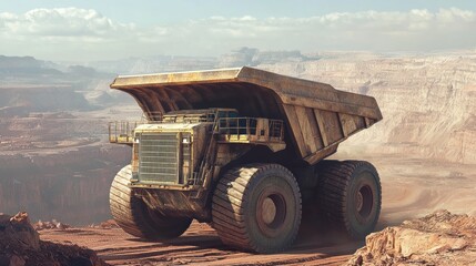 Obraz premium Monumental haul truck dominates arid mining landscape under muted sky gradient