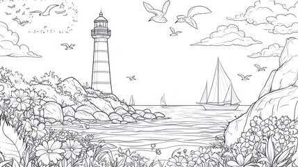 Lighthouse by the sea, coloring page, flowers, birds