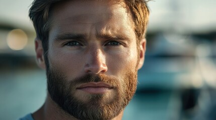 Obraz premium Close up portrait showing a serious looking man with beard