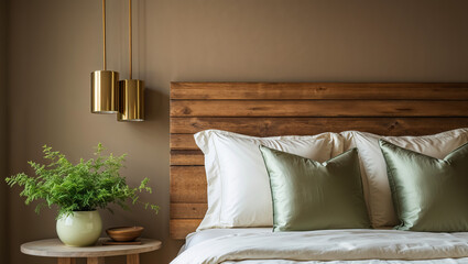Serene bedroom sanctuary featuring a rustic wooden headboard, soft sage green pillows, and elegant brass pendant lights casting a warm glow.