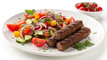 Juicy beef cevapi served with a fresh and colorful vegetable salad on a plate