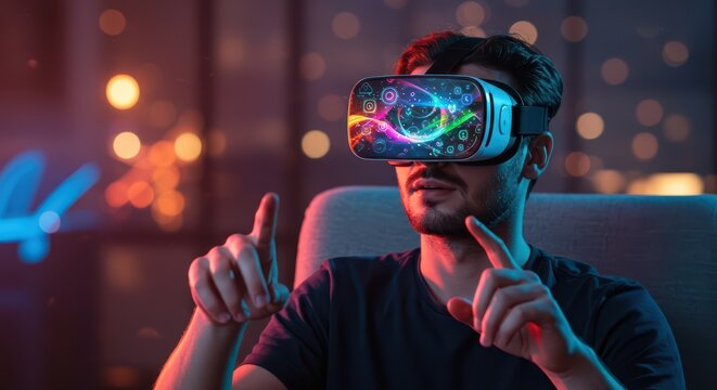 The user is immersed in a virtual world through a VR headset, exploring new facets of entertainment and knowledge