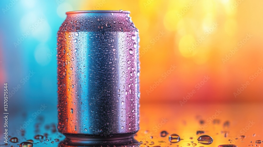 Poster classic soda can covered in condensation stands out against a vibrant colorful background with refle