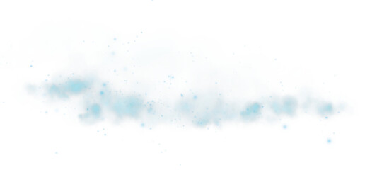 Obraz premium Magic blue smoke with glitter and small particles of twinkling stars. Fog with luminous particles. Blue vapor with stardust. Morning fog over land or water surface, magic haze. Fog or smoke. PNG.