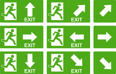 Evacuation signs, direction signs, evacuation signs with arrows. Background image, web banner, poster, vector illustration.
