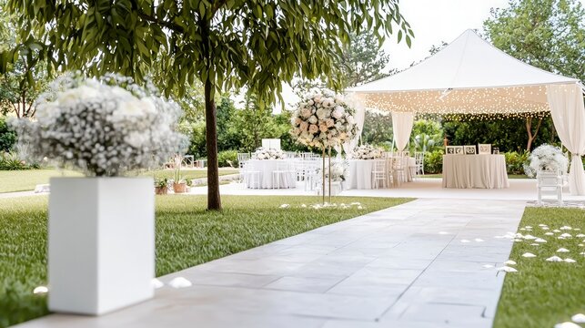 Elegant Outdoor Wedding Reception Venue with White Tent and Floral Decor Pathway leads to charming ceremony setup