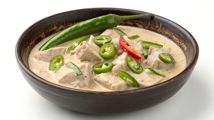 Bicol express served in a traditional bowl with green chili and peppers