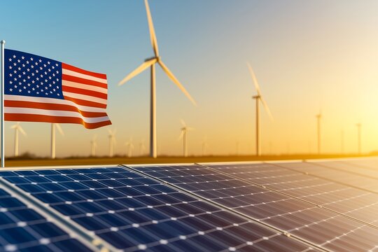American Flag with Renewable Energy Plant, Wind Turbines, and Solar Panels at Sunset, Clean Energy Transition, Sustainable Power, USA Energy Independence, Green Technology