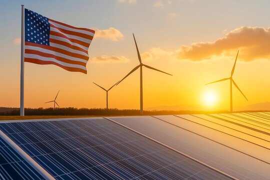 American Flag with Renewable Energy Plant, Wind Turbines, and Solar Panels at Sunset, Clean Energy Transition, Sustainable Power, USA Energy Independence, Green Technology