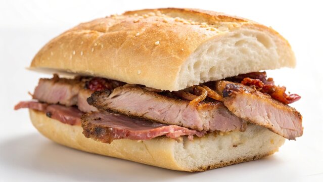 Juicy bifanas showcasing tender meat and crispy toppings in a soft sesame bun on a clean white surface